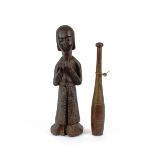 An Antique carved wooden figure, AF, 46cm; and an Antique wooden club, 40cm, (2)