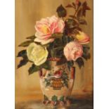 Marguerite A. Stone, 1885-1972, still life study depicting roses in a vase, 27.5cm x 20cm