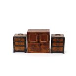 A Japanese parquetry decorated trinket box, 22cm wide x 21cm high; and a pair of Japanese