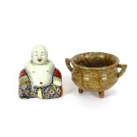 An 18th Century Chinese polychrome painted porcelain seated figure of Hoe Tei, 17.5cm high; and a