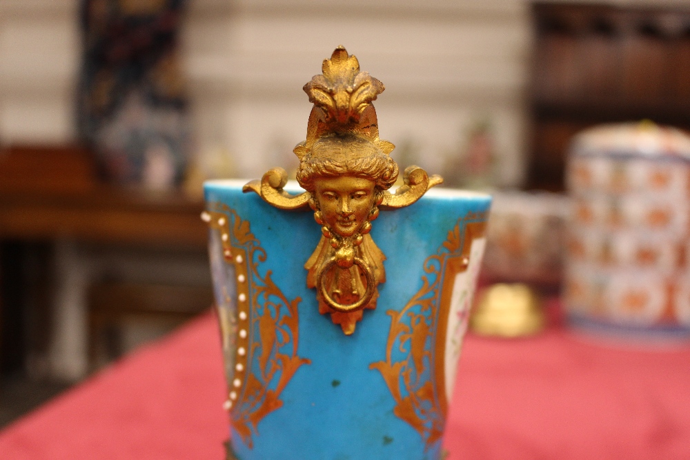 A pair of 19th Century Sevres style gilt metal mounted urns and covers, surmounted by foliate and - Image 9 of 19