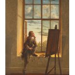 20th Century school, study of an artist seated in a window, initialled oil on canvas, 70cm x 60cm
