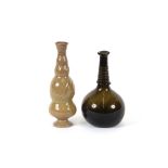 An unusual Antique Calcedonia glass baluster bottle; and another wrythen olive green bottle,