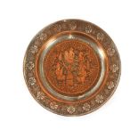 Four Eastern copper and silvered plates, with figural foliate and beast decoration, 23cm dia.