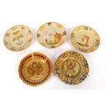 Five various Faience ware plates, variously decorated and dated