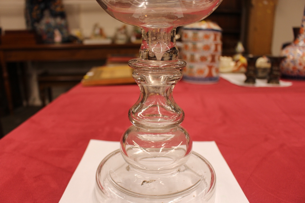 A Georgian glass baluster storm lamp, of large proportions, 41.5cm high; a small glass decanter - Image 6 of 7