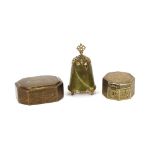 A 19th Century Indian hardstone bell shaped flask, with pierced brass mounts, 13cm high; and two