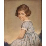 Early 20th Century school, portrait study of a young girl in blue floral dress, pastel, signed C.