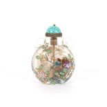 A Chinese glass snuff bottle, with bird and floral enamel decoration, turquoise stopper, 7cm