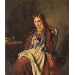 19th Century school, study of a seated young woman darning socks, oil on canvas, monogrammed TCB,