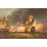 James Hardy, 20th Century, "Broadsides", a naval sea battle, signed oil on canvas laid on board,