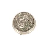 A white metal Art Nouveau circular snuff box, with female figure head decoration