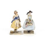 Two Chelsea Cheyne figures, depicting Cries of London street vendors, dated 1923, 19cm high