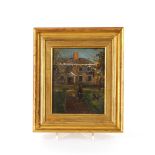 Style of Thomas Churchyard, study of a country house with man and dog in the garden, 16cm x 13cm