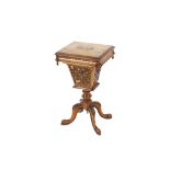 A Victorian walnut and inlaid work table, the hinged lid with marquetry panel, opening to reveal a