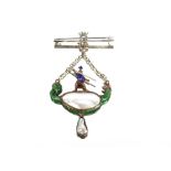 A Baroque Revival mother of pearl and enamel decorated pendant brooch, stamped Palfrey, hung to a