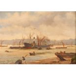 Manner of Charles Napier Hemy, a busy harbour with steam ships and barges, oil on canvas, 23cm x