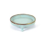 An unusual Chinese light blue porcelain censer, of shallow form, having gilt metal rim, 14cm dia.