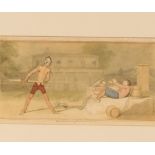 A book illustration, depicting Don Quixote beating the carrier at the Inn, unsigned watercolour,