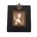 A miniature portrait on ivory, circa 1800, depicting a lady in evening dress, signed Ross, contained