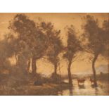 After J.B. Corot, "The Lake", coloured heliogravurre, in decorative black and gilt frame