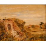 Thomas Churchyard, landscape study depicting figures on a path with nearby gate, oil on board,
