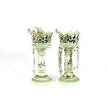 A pair of Victorian pale blue opaque glass and enamel decorated lustre vases, complete with some