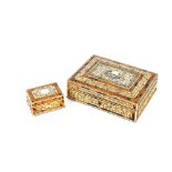 An early 20th Century vizagapatum tortoiseshell and ivory fretwork box, the hinged lid with a