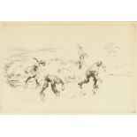 E. Blampied, pencil signed etching of children at play; and another depicting figures with a work-