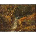 Attributed to Thomas Churchyard, study of an angler above a waterfall, oil on board, 15.5cm x 20cm