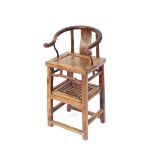 An Antique Chinese elm high chair, having curved and scrolled back rail, central splat with