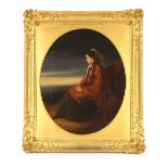19th Century school, study of a seated lady wearing red cloak, unsigned oil on canvas, mounted as an