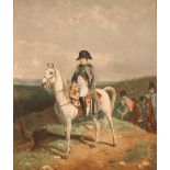 A 19th Century decorative coloured print of Napoleon, on horseback leading his army, in mahogany