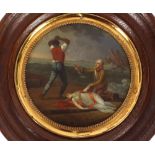A finely painted 19th Century miniature circular oil painting, depicting a ship wreck on the high