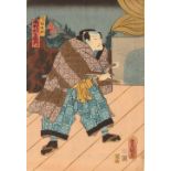 A Japanese wood block print, depicting a Kabuki actor, by Toyokuni, circa 1854, image 37cm x