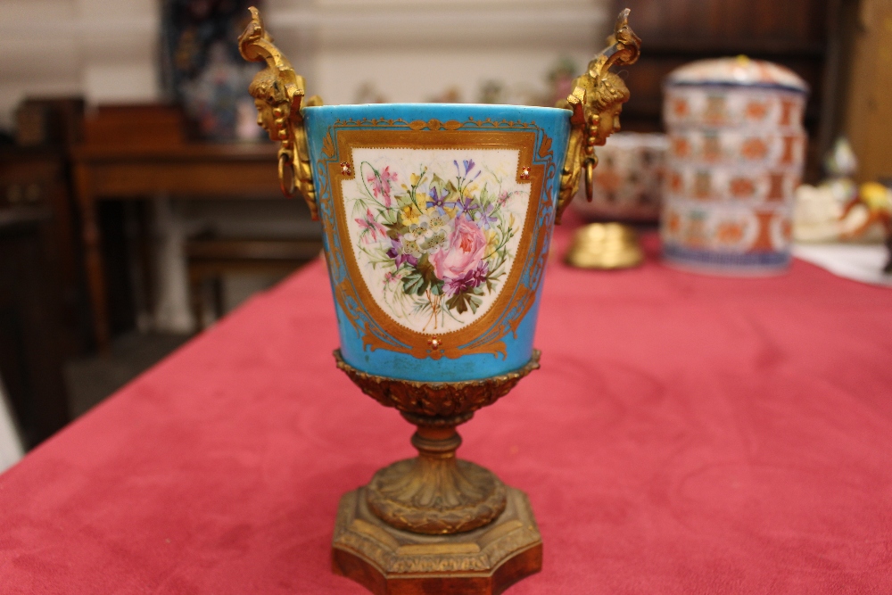 A pair of 19th Century Sevres style gilt metal mounted urns and covers, surmounted by foliate and - Image 6 of 19