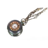 A white and yellow metal Niello decorated half hunter ladies fob watch, hung to a fine white metal