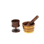 A 19th Century treen goblet; a treen brass bound miniature tub; and a treen needle case