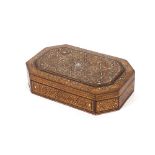 An early 20th Century Syrian box, of elongated canted form, inlaid with a variety of exotic woods,