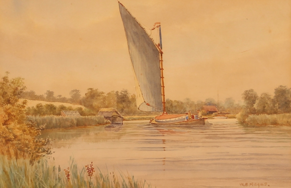 W.E. Mayes, Norfolk Broad studies, a pair, signed watercolours, 22cm x 32cm