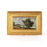 Manner of Thomas Churchyard, study of sheep grazing beside the river Deben, oil on board, 12cm x