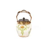 An Art Nouveau frosted glass and enamel decorated biscuit barrel, having gilt metal mounts,  lid and
