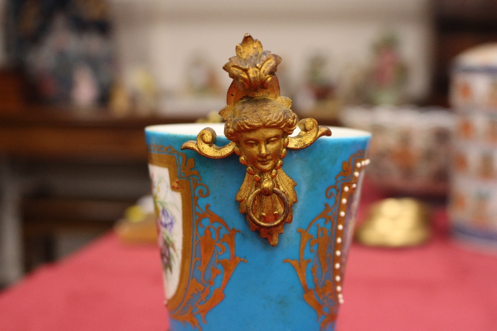 A pair of 19th Century Sevres style gilt metal mounted urns and covers, surmounted by foliate and - Image 18 of 19