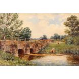 English school 19th Century, country scene, cattle watering by a bridge, unsigned oil on canvas,