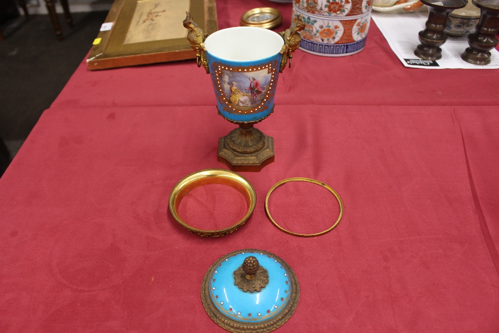 A pair of 19th Century Sevres style gilt metal mounted urns and covers, surmounted by foliate and - Image 11 of 19