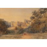 Manner of Thomas Churchyard, landscape with castle and figures, 15.5cm x 22.5cm