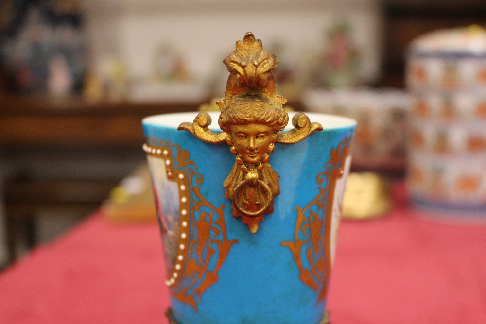 A pair of 19th Century Sevres style gilt metal mounted urns and covers, surmounted by foliate and - Image 16 of 19