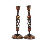 A pair of Kashmir candlesticks, having floral decoration and pierced twist stems, 40cm high