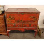 An early 18th Century scarlet lacquer chest on stand, decorated in the chinoiserie manner, two