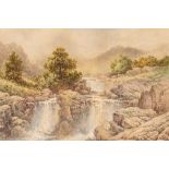 Charles A. Bool, waterfall scenes in mountainous landscapes, signed watercolours, (a pair), 26.5cm x
